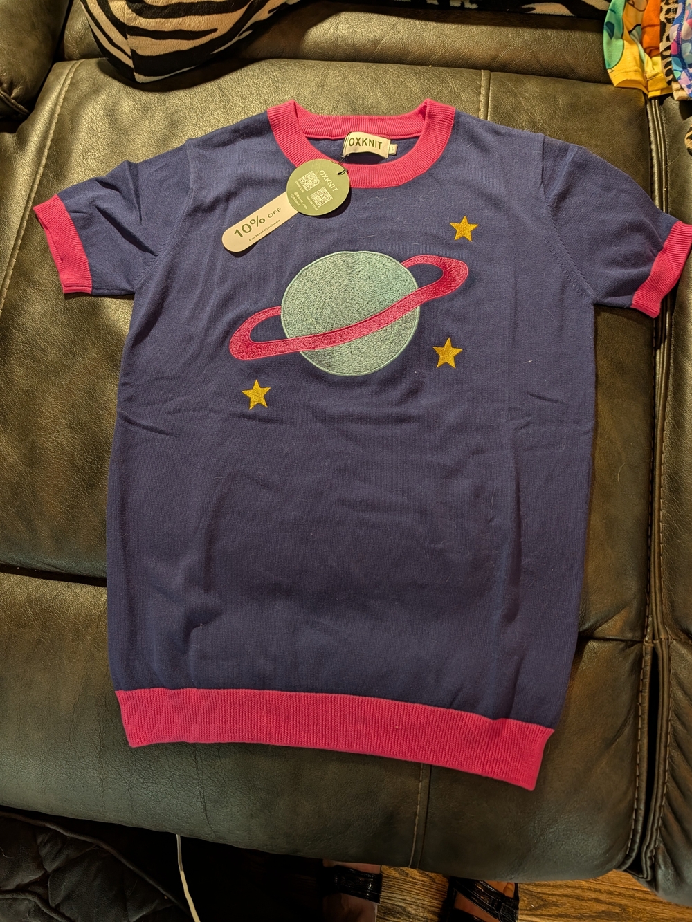 NWT Womens Oxknit Navy And Pink Retro Planet Graphic Short Sleeve Top